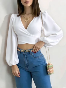 Elenzga 女款優雅長袖襯衫，燈籠袖與領結設計，秋季女裝 - 白色 - 查看 3