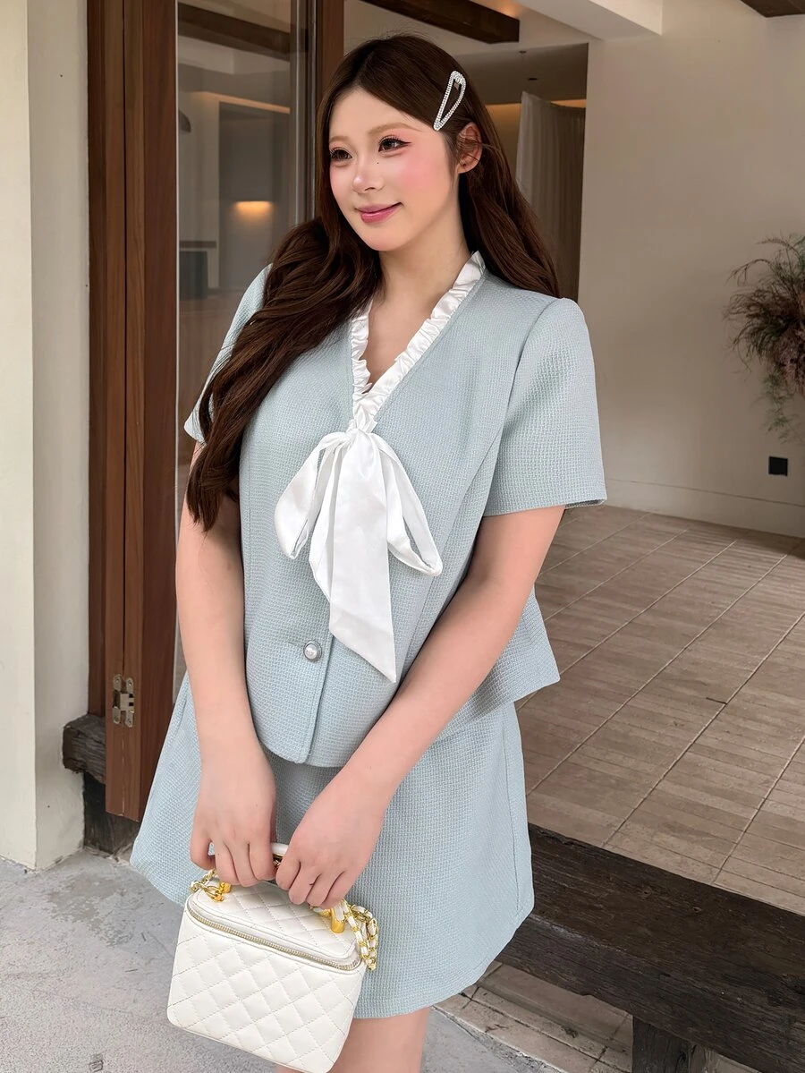 Bijouette Plus Size Women Elegant Fashion Blue And White Contrast Color Lace-Up Faux Pearl Button Tweed Jacket, Fall Winter , Work - Blue - View 1