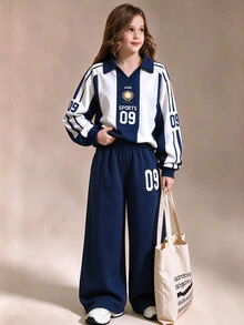 SHEIN 女童大童秋季休閒 80 年代運動風 2 件套 紐約字母印花立領運動衫與短褲套裝 白色海軍藍 慢跑校園風 - 彩色 - 查看 4