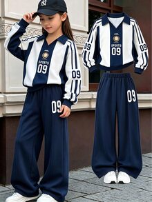 SHEIN 女童大童秋季休閒 80 年代運動風 2 件套 紐約字母印花立領運動衫與短褲套裝 白色海軍藍 慢跑校園風 - 彩色 - 查看 5