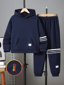 SHEIN 2件組兒童青少年男孩運動休閒日常舒適白色字母裝飾與白色條紋海軍藍寬鬆連帽衛衣褲套裝，適合旅行、學校、日常運動，秋冬穿著 - 藏蓝色 - 查看 4