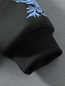 ROMWE MEN 男士寬鬆版型鉚釘工藝向日葵印花連帽衫 - 黑色 - 查看 7