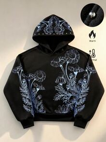 ROMWE MEN 男士寬鬆版型鉚釘工藝向日葵印花連帽衫 - 黑色 - 查看 8