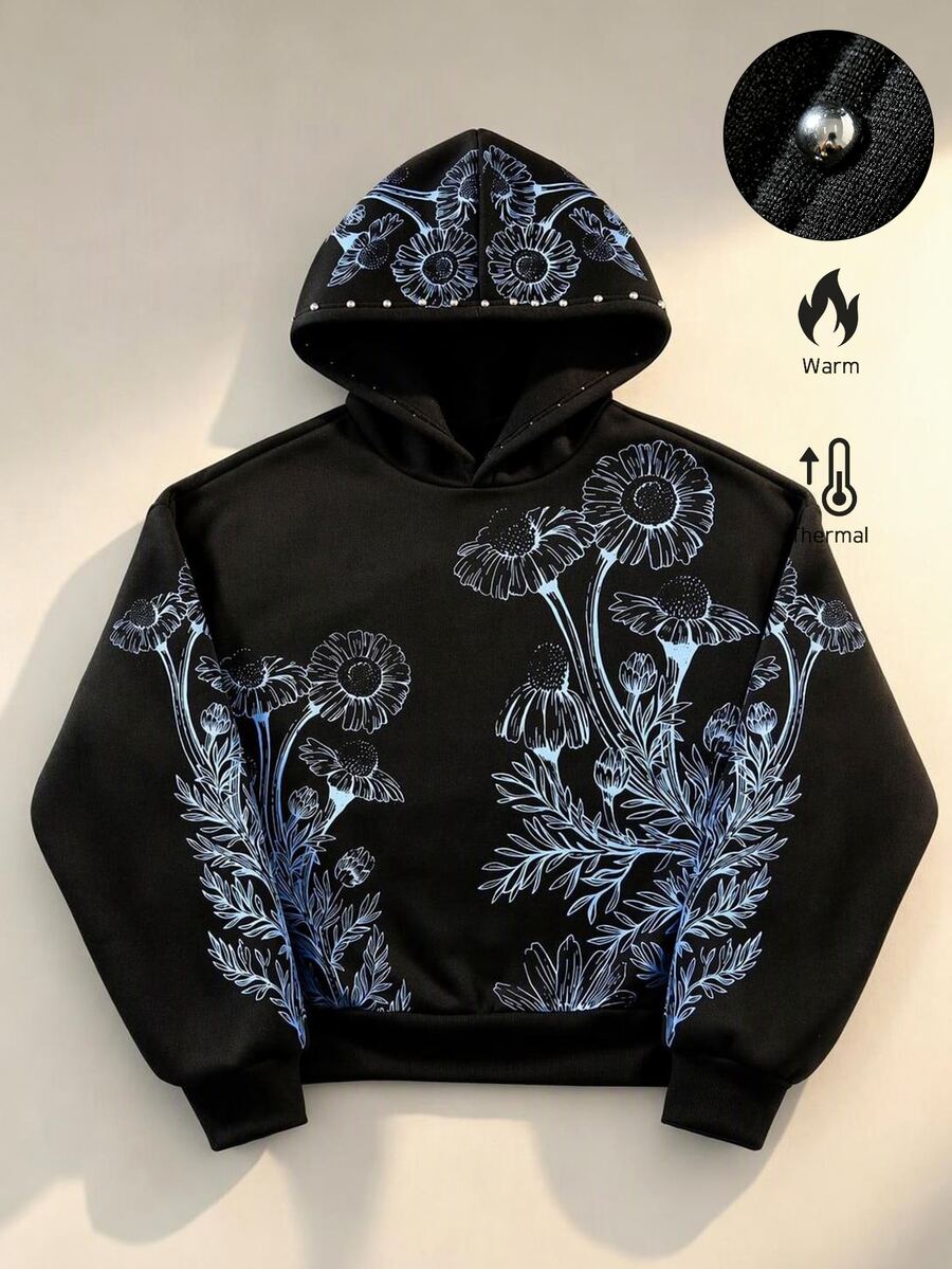 ROMWE MEN Men's Loose Fit Hoodie With Rivet Craft And Sunflower Print - Black - View 1