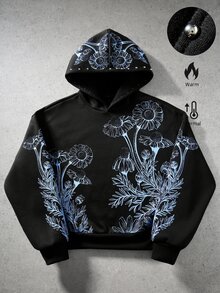 ROMWE MEN 男士寬鬆版型鉚釘工藝向日葵印花連帽衫 - 黑色 - 查看 1