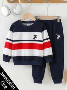 SHEIN Baby Boy Colorblock Striped Pony Logo Asymmetrical Print Crew Neck Long Sleeve Pullover Sweatshirt, Versatile Comfortable, Preppy Sporty Casual, Suitable For Spring Summer Autumn Winter - Multicolor - View 2