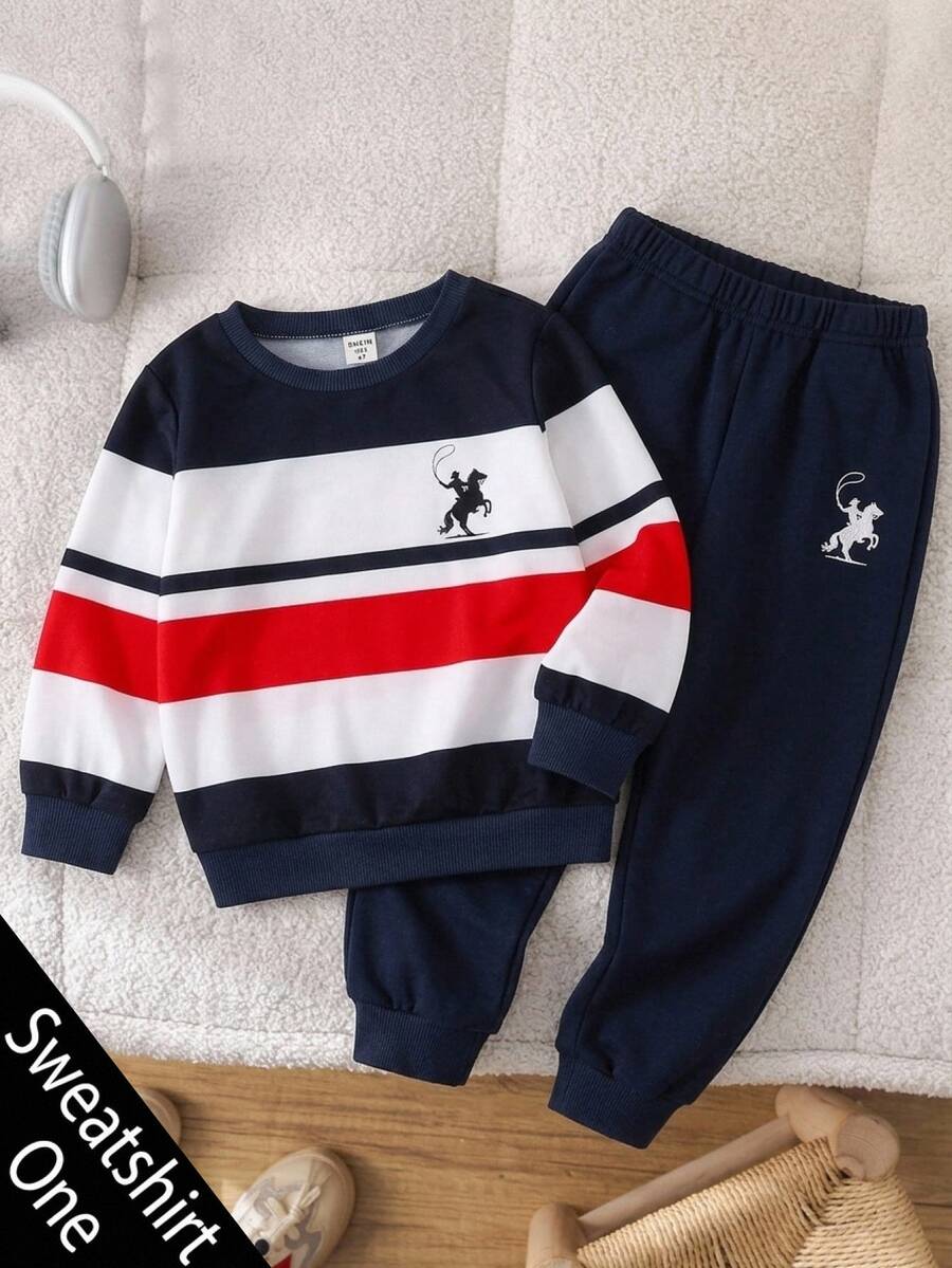 SHEIN Baby Boy Colorblock Striped Pony Logo Asymmetrical Print Crew Neck Long Sleeve Pullover Sweatshirt, Versatile Comfortable, Preppy Sporty Casual, Suitable For Spring Summer Autumn Winter - Multicolor - View 1