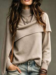 SHEIN Mock Two-Piece Layered Knit Top With Attached Mock Neck Shawl. Relax Drop Shoulder Shape, Classic Ri - Apricot - View 7