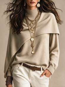 SHEIN Mock Two-Piece Layered Knit Top With Attached Mock Neck Shawl. Relax Drop Shoulder Shape, Classic Ri - Apricot - View 6