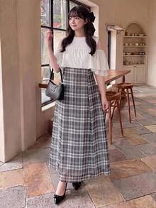 Bijouette 限量版大尺碼黑白拼接格紋印花網紗洋裝，法式優雅拼接設計，上身露肩荷葉邊設計，時尚顯瘦，下身黑白格紋印花A字長裙，完美遮肚顯瘦，適合梨形與蘋果型身材，全尺碼選擇，不緊繃，可調節背部設計，時尚顯瘦，適合所有身形 - 黑與白 - 查看 9