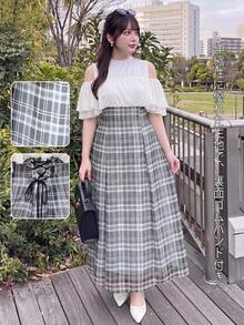 Bijouette 限量版大尺碼黑白拼接格紋印花網紗洋裝，法式優雅拼接設計，上身露肩荷葉邊設計，時尚顯瘦，下身黑白格紋印花A字長裙，完美遮肚顯瘦，適合梨形與蘋果型身材，全尺碼選擇，不緊繃，可調節背部設計，時尚顯瘦，適合所有身形 - 黑與白 - 查看 12