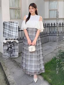 Bijouette 限量版大尺碼黑白拼接格紋印花網紗洋裝，法式優雅拼接設計，上身露肩荷葉邊設計，時尚顯瘦，下身黑白格紋印花A字長裙，完美遮肚顯瘦，適合梨形與蘋果型身材，全尺碼選擇，不緊繃，可調節背部設計，時尚顯瘦，適合所有身形 - 黑與白 - 查看 13