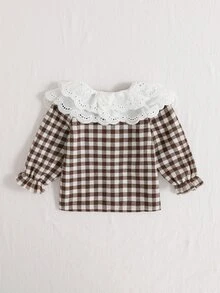 SHEIN Playful Pals 女嬰春秋白色蕾絲圓領長袖上衣，時尚百搭娃娃風襯衫，彈性袖口，舒適時尚適合日常穿著 - 棕色 - 查看 3