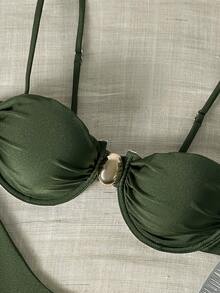 Swim Basics 1 Set Women Summer Swimwear With Solid Color Spaghetti Strap Bra Top And Triangle Bottoms - Dark Green - View 5