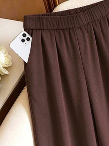 SHEIN LUNE Set 2 Potong Atasan dan Celana Wanita Warna Polos dengan Renda Kontras, Kerah Tinggi, Kelim Asimetris, Lengan Panjang - Coklat - View 5