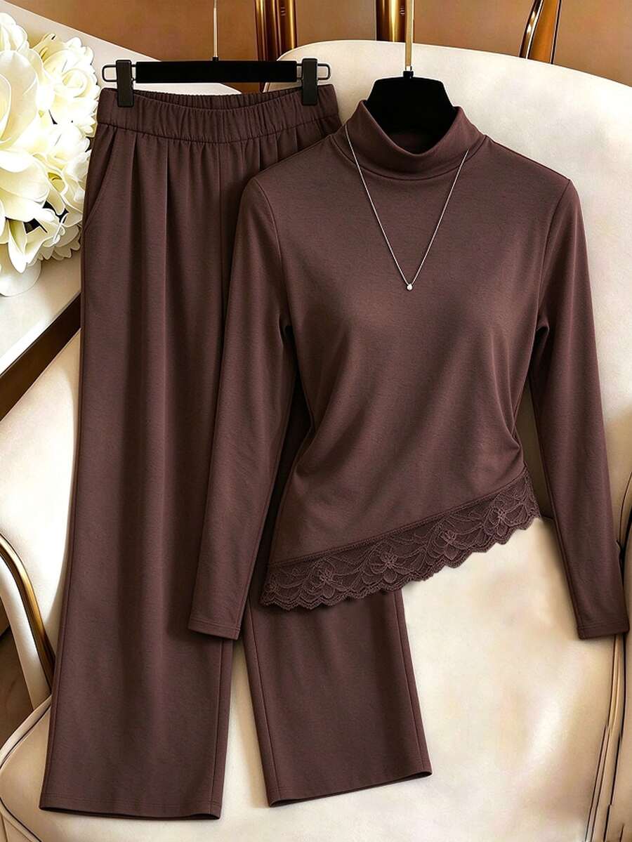 SHEIN LUNE Women's Solid Color Contrast Lace High Neck Asymmetric Hem Long Sleeve Top And Pants Two Pieces Set - Brown - View 1