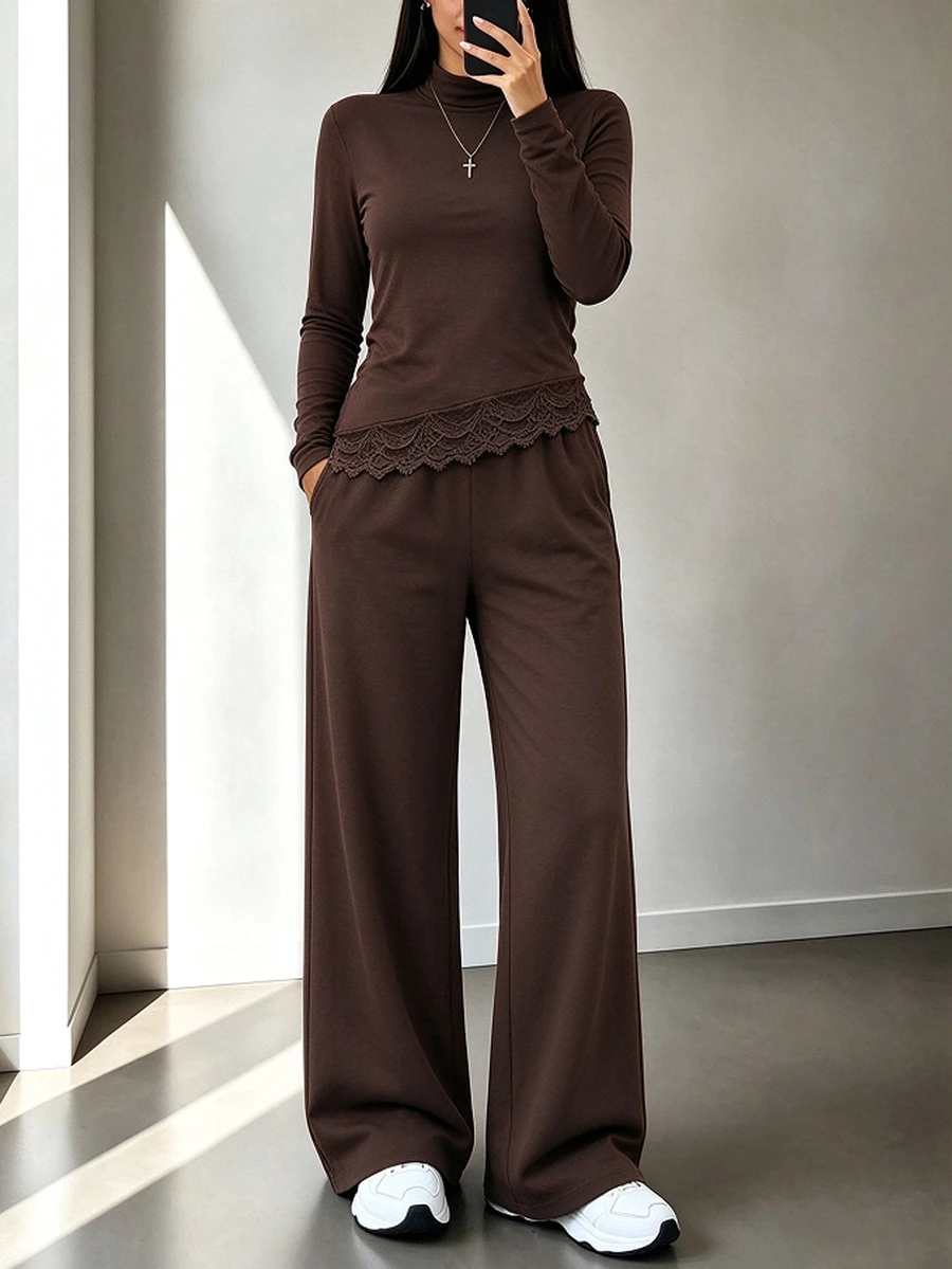 SHEIN LUNE Set 2 Potong Atasan dan Celana Wanita Warna Polos dengan Renda Kontras, Kerah Tinggi, Kelim Asimetris, Lengan Panjang - Coklat - View 1