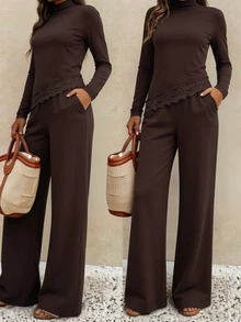 SHEIN LUNE Set 2 Potong Atasan dan Celana Wanita Warna Polos dengan Renda Kontras, Kerah Tinggi, Kelim Asimetris, Lengan Panjang - Coklat - View 3