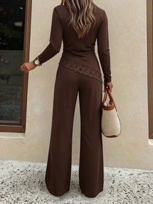SHEIN LUNE Set 2 Potong Atasan dan Celana Wanita Warna Polos dengan Renda Kontras, Kerah Tinggi, Kelim Asimetris, Lengan Panjang - Coklat - View 2