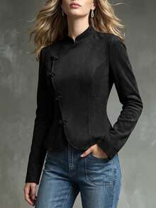 Trelyra Women's Fall Black Stand Collar Frog Button Suede Jacket, Slant Placket Long-Sleeve Waisted Flared Top, Chic Occasion Wear For Daily Commute Office - Black - View 5