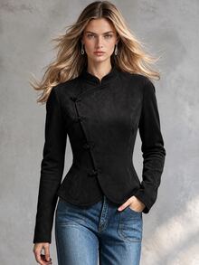 Trelyra Women's Fall Black Stand Collar Frog Button Suede Jacket, Slant Placket Long-Sleeve Waisted Flared Top, Chic Occasion Wear For Daily Commute Office - Black - View 1