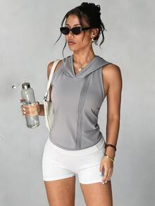 SHEIN Dewbera بلوزة رياضية نسائية بدون أكمام بغطاء رأس بلون موحد للارتداء اليومي العادي - رمادي فاتح - مشاهدة 2