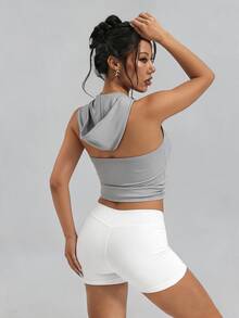 SHEIN Dewbera بلوزة رياضية نسائية بدون أكمام بغطاء رأس بلون موحد للارتداء اليومي العادي - رمادي فاتح - مشاهدة 3