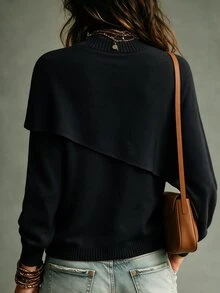 SHEIN 假兩件式層次針織上衣，附連假領披肩，寬鬆落肩版型，經典羅紋 - 黑色 - 查看 2