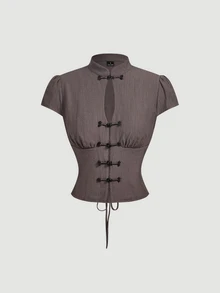 SHEIN MOD قميص بأزرار على شكل ضفدع، ياقة واقفة وأكمام قصيرة - بني - مشاهدة 6