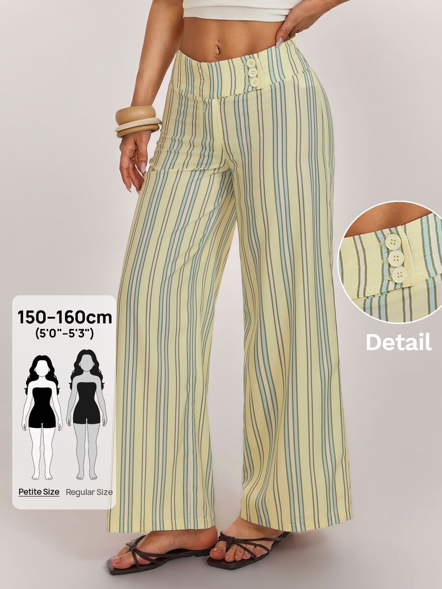SHEIN PETITE Stylish Preppy-Style Yellow Striped Straight-Leg Trousers For Petite Women - Yellow - View 1