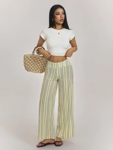 SHEIN PETITE Stylish Preppy-Style Yellow Striped Straight-Leg Trousers For Petite Women - Yellow - View 6
