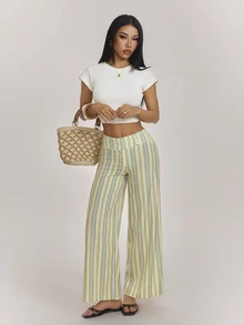 SHEIN PETITE Stylish Preppy-Style Yellow Striped Straight-Leg Trousers For Petite Women - Yellow - View 5