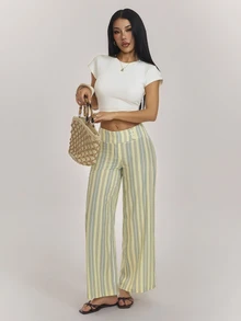 SHEIN PETITE Stylish Preppy-Style Yellow Striped Straight-Leg Trousers For Petite Women - Yellow - View 8