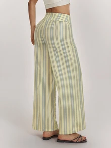 SHEIN PETITE Stylish Preppy-Style Yellow Striped Straight-Leg Trousers For Petite Women - Yellow - View 2
