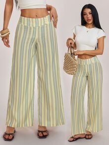 SHEIN PETITE Stylish Preppy-Style Yellow Striped Straight-Leg Trousers For Petite Women - Yellow - View 4