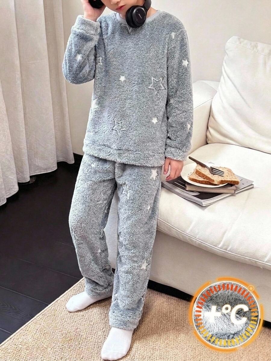 SHEIN Kids Tween Boy Star Pattern Grey Plush Fabric Loungewear 2 Pieces Set Autumn,Christmas Pajamas