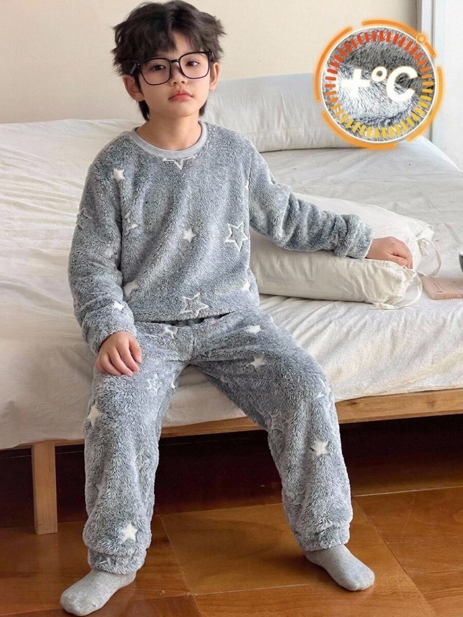 SHEIN 兒童青少年男孩星星圖案灰色毛絨布家居服2件套，秋季聖誕睡衣