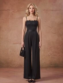 SHEIN MOD Women's Lace Patchwork Casual Daily Wear Spaghetti Strap Jumpsuit - Black - View 8
