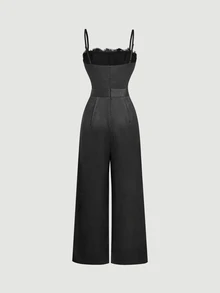 SHEIN MOD Women's Lace Patchwork Casual Daily Wear Spaghetti Strap Jumpsuit - Black - View 5