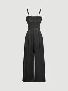 SHEIN MOD Women's Lace Patchwork Casual Daily Wear Spaghetti Strap Jumpsuit - Black - View 1