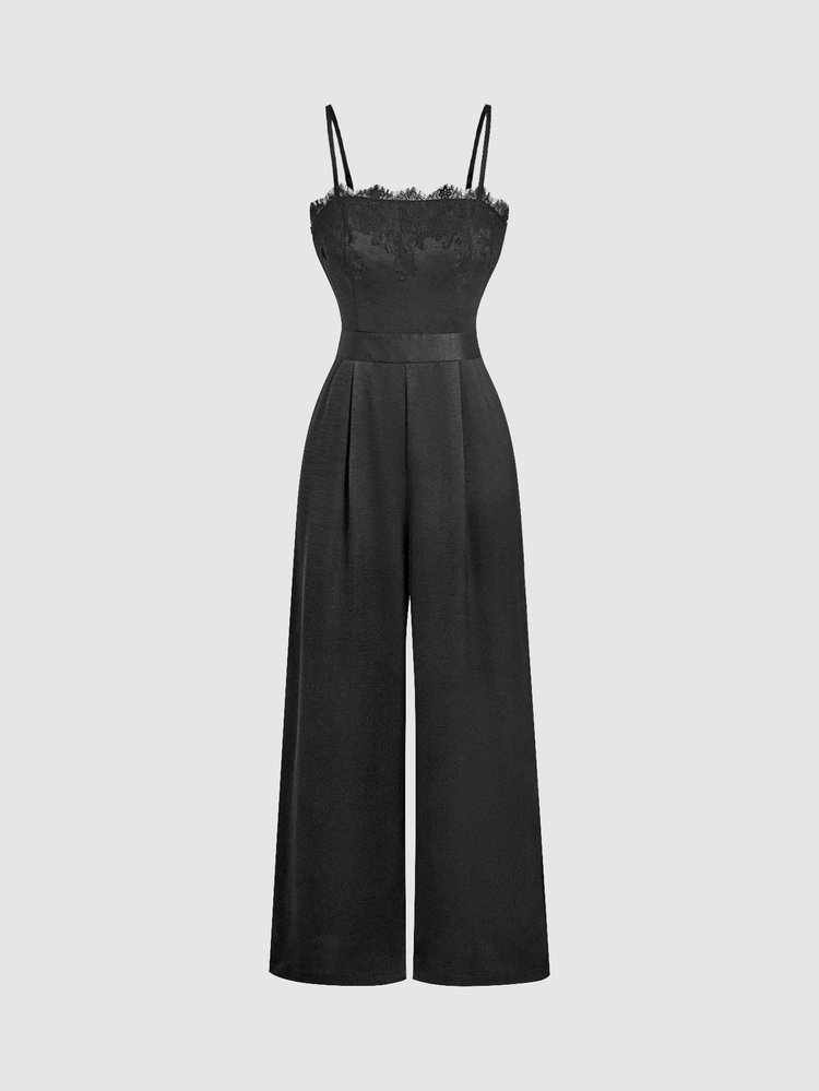SHEIN MOD 女款蕾絲拼接休閒日常穿著細肩帶連身褲 - 黑色 - 查看 1
