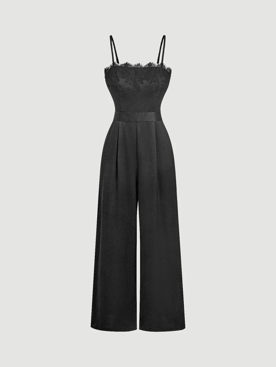 SHEIN MOD Women's Lace Patchwork Casual Daily Wear Spaghetti Strap Jumpsuit - Black - View 1