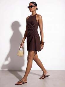 Zivah Spring/Summer Music Festival St. Patrick's Day Valentine's Day Vacation Elegant Dark Brown Round Neck Sleeveless Ruched Mini Dress Brunch - Rust Brown - View 1
