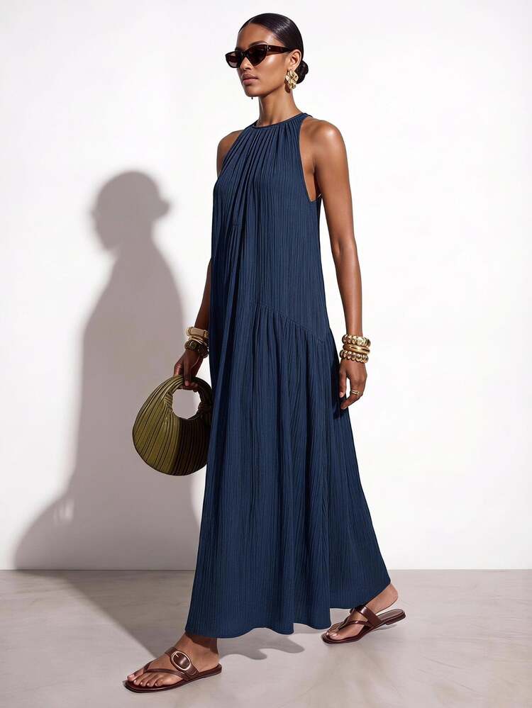 Zivah 2026 Summer New Mediterranean Vacation Style Music Festival Sleeveless Round Neck Tie-Knot Bohemian Tropical Elegant Pleated Dress Navy Blue Brunch - Navy Blue - View 1