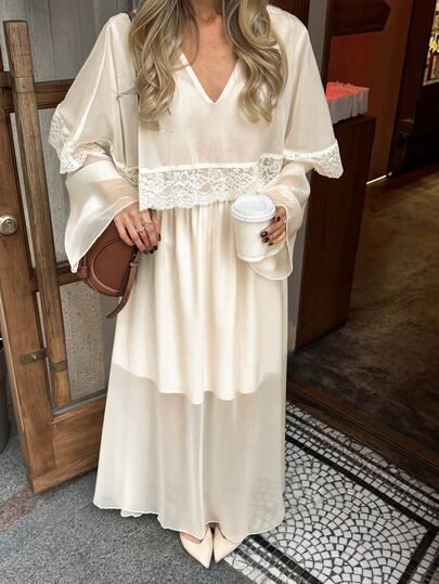 Serisse Women's Solid Lace Panel Cape Design Cut Out Back Lantern Sleeve,Layered Look Flounce Sleeve Elegant Chiffon Dress For Dates Parties Vacations Wedding
