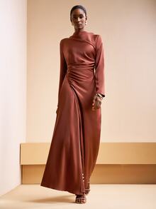 Zivah Elegant Rust Brown Autumn Satin Crew Neck Long Sleeves Waist Ruching Side Slit Maxi Dress For Dining Night Dinner Formal Wedding Guest Party Banquet - Rust Brown - View 6