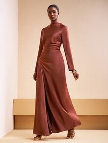 Zivah Elegant Rust Brown Autumn Satin Crew Neck Long Sleeves Waist Ruching Side Slit Maxi Dress For Dining Night Dinner Formal Wedding Guest Party Banquet - Rust Brown - View 5