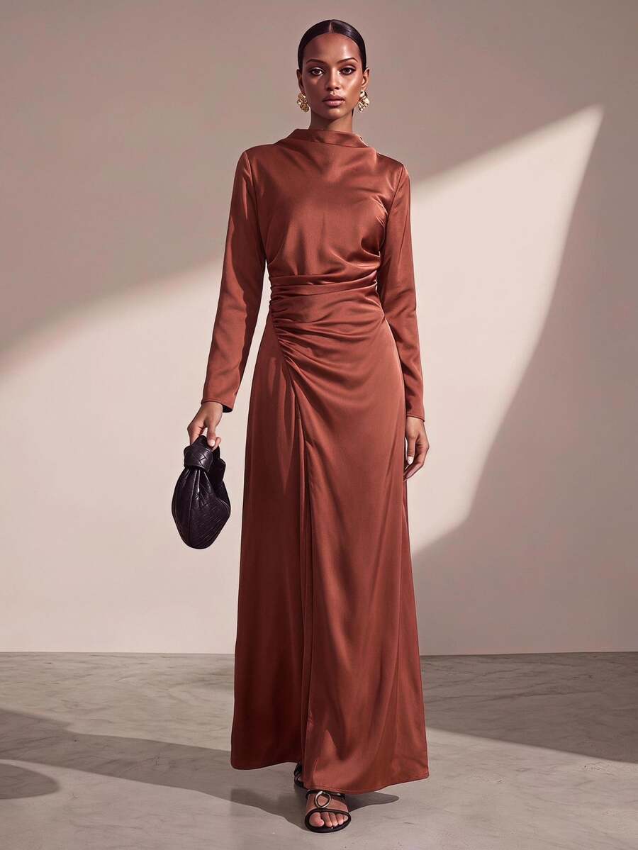 Zivah Elegant Rust Brown Autumn Satin Crew Neck Long Sleeves Waist Ruching Side Slit Maxi Dress For Dining Night Dinner Formal Wedding Guest Party Banquet