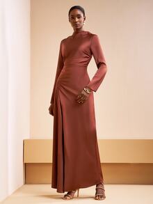 Zivah Elegant Rust Brown Autumn Satin Crew Neck Long Sleeves Waist Ruching Side Slit Maxi Dress For Dining Night Dinner Formal Wedding Guest Party Banquet - Rust Brown - View 4