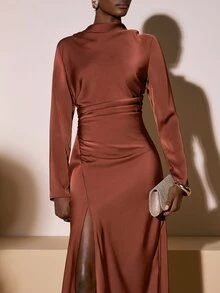 Zivah Elegant Rust Brown Autumn Satin Crew Neck Long Sleeves Waist Ruching Side Slit Maxi Dress For Dining Night Dinner Formal Wedding Guest Party Banquet - Rust Brown - View 8